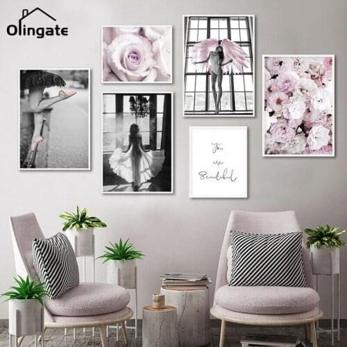 Nordic Ballet Girl Art Print Canvas Poster Modern Peony Flowers Wall Painting Art One Piece Wall Pictures Living Room Home Decor