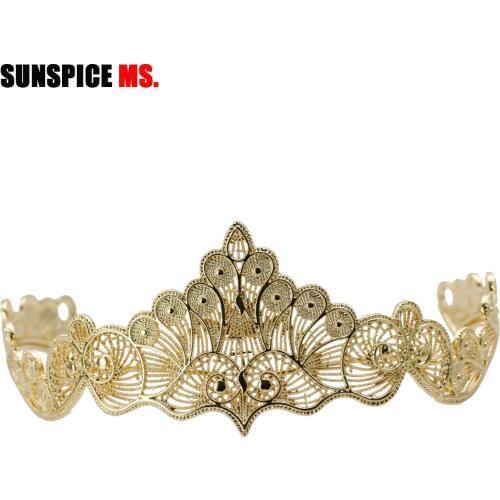 Sunspicems Gold Color Moroccan Wedding Tiaras Hair Jewelry for Women Hollow Metal Wave Line Crown Opening Headband Bridal Gifts