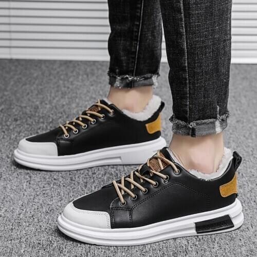 ZEEKSON Plus Velvet Warm Lace-up Shoes Winter New Casual Ins Mens Shoes Korean Version of the Trend Low-cut White Shoes
