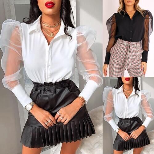 Womens Fashion Perspective Bubble Sleeve Shirts turn-down collar Button Elegant Tops Ladies Mesh Shirts Blusas Streetwear