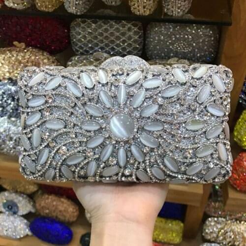 Wedding Party Bag Hollow Out Elegant Opal Stones Crystal clutches bags Women Gold Evening Bag Metal Clutch Minaudiere Handbag