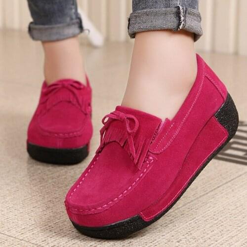 Womens Leather Thick Bottom Height Increasing Fashion Sneakers Pumps Genuine Leather Tassel Thick Bottom Frosted Women Pumps