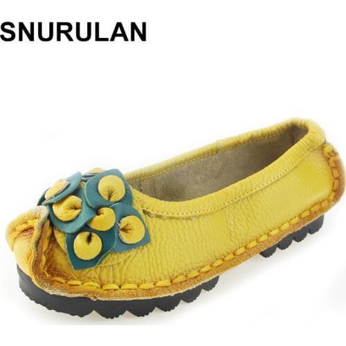 SNURULAN Factory Outlet National Flowers Handmade Genuine Leather Shoes Women Retro Soft Bottom Flat Shoes Ballet Flats Women