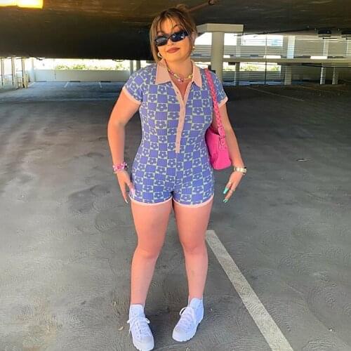 RMSFE 2021 Women Short Sleeve Lapel Fashion Casual Tight Knitted Contrast Button Short Jumpsuit