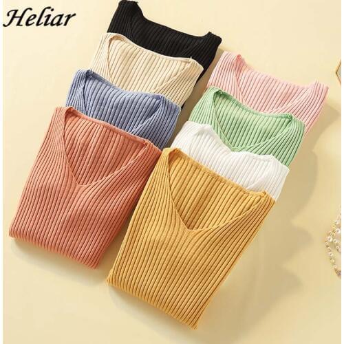 Heliar Female Thin Sweater V-neck Autumn Sweater Women Underwear slim Knitted Pullovers For Women 2019 Autumn Winter Sweater