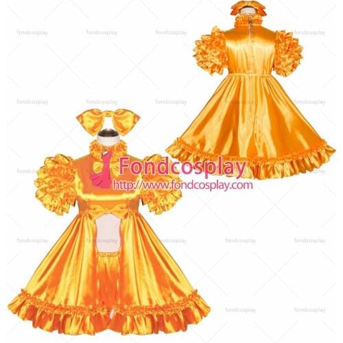 Fondcosplay adult sexy cross dressing sissy maid short French Lockable yellow satin Dress Uniform open sex Tailor-made[G4040]