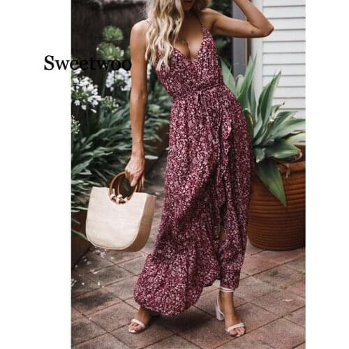 V-neck Split Women Floral Dress 2020 Elegant Bohemian Wrap Long Flower Plus Size Summer Dresses Female Holiday Sexy Beach Vest