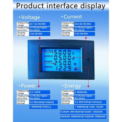 100A DC 7.5-100V 10kW Digital LCD Voltmeter Ammeter Wattmeter Power Energy Meter Volt kwh Watt Amp