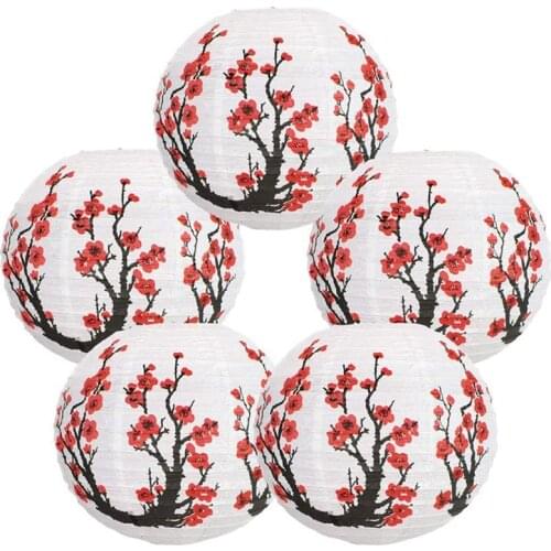 12-Inch Cherry Blossom Japanese/Chinese Paper Lanterns (Set of 5, Red Sakura)