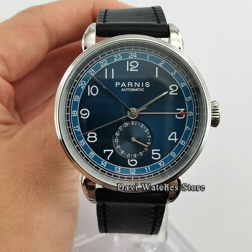 Parnis Watch Clock New 42mm Silver Case Blue Dial Date Gmt Automatic Mens Watch