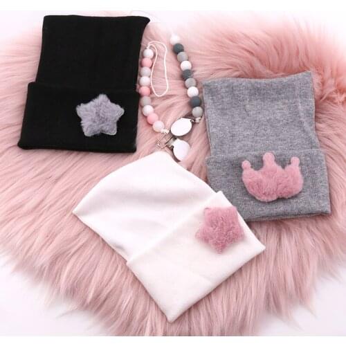 Baby Girl Fur star Cotton hat with Baby Silicone Pacifier Metal Clip Sets Baby Boy Beanies Bonnets Newborn Photography Props