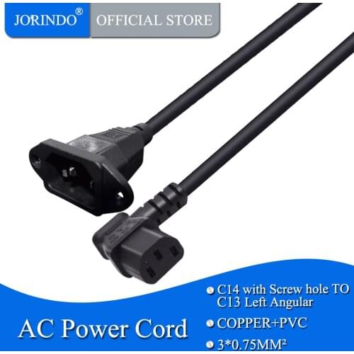 JORINDO 0.6M/1.9FT IEC320 C14 to C13 Power Conversion Cable,C14 with Screw hole 3 pin to C13 left angular AC cable 10A 250V