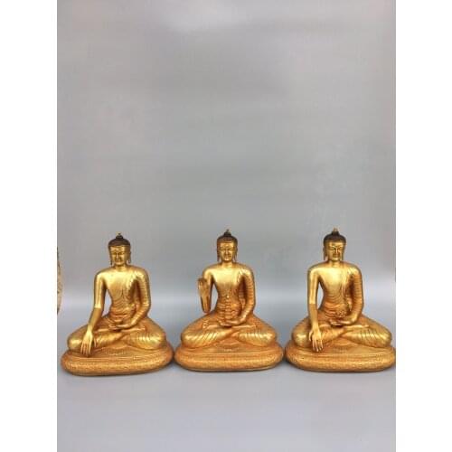 8"Chinese Folk Collection Old Bronze Gilt Sambo Buddha Sakyamuni Medicine Buddha set Ornaments Town House Exorcism
