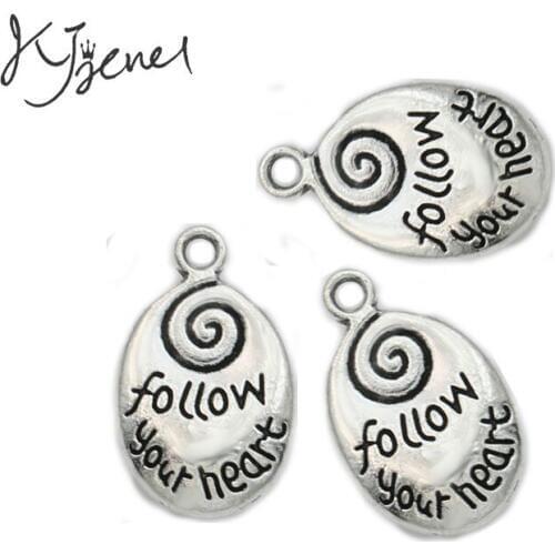 KJjewel Vintage Antique Silver Plated Follow Your Heart Charms Beads Pendants For Jewelry Making Diy Handmade 20x12mm
