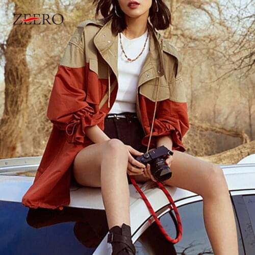 Patchwork Hit Color Casual Windbreaker Female Outdoor Hooded Collar Drawstring Waist Long Sleeve Trench Coat for Women Fall 2019