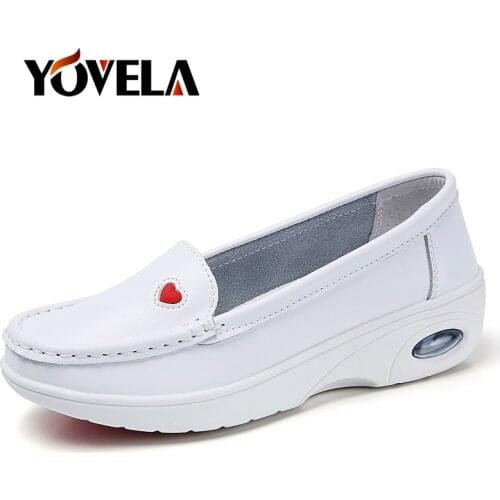 Women White Genuine Leather Flats Shoes Woman Slip-on Ballerina Flats Soft Boat Shoes Nurse Work Loafers High Quality Moccasins