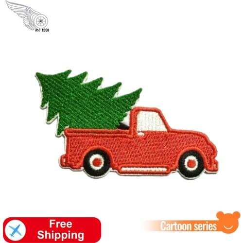 Christmas Tree With Truck Embroidery Iron on Fashion Patches Cartoon Accessory Cute Stickers Kids Girls Bag Hat Jackets Applique