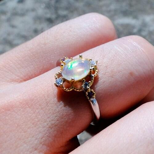 Two Tone Plated 925 Sterling Silver Oval 5x7mm Natural Opal & Ruby CZ Rings Engagement Wedding Women Ring