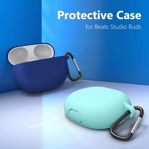 Solid Color Wireless Earbuds Case w/ Hook Silicone Protective Shell Anti-Fall Shockproof Protector Cover for Beats Studio Buds