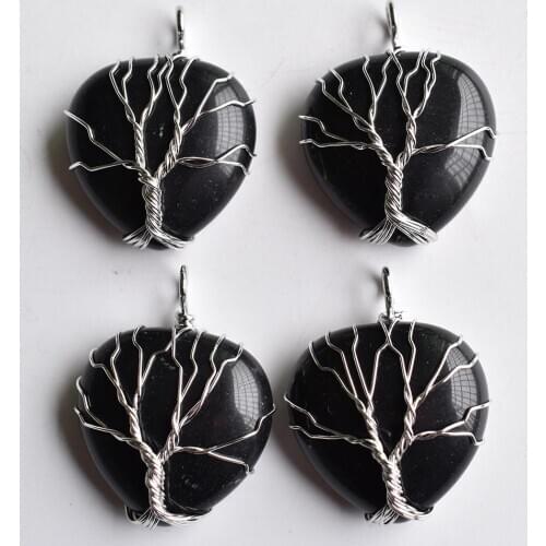 Wholesale 3pcs/lot good quality white Color Wire Wrap handmade tree of life heart shape natural black obsidian pendants