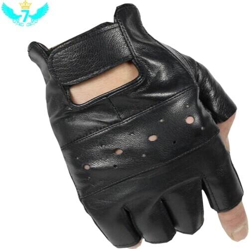 Men Leather Sheep Moto Leather Fingerless Gloves Half Finger High Quality Luvas Driving Training Fitness Guantes TOA