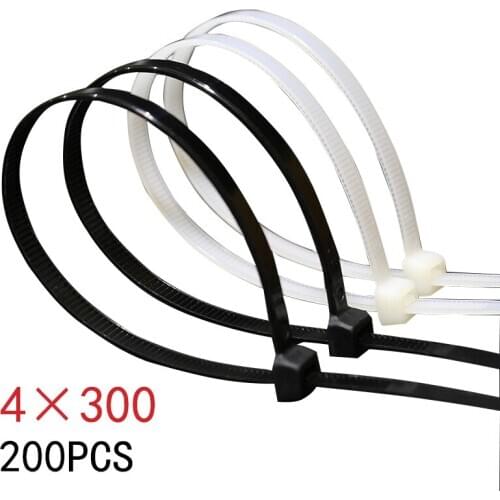 Self-locking plastic nylon tie 200 PCS black white 4X300 cable tie fastening ring cable tie zip wraps strap nylon cable tie set