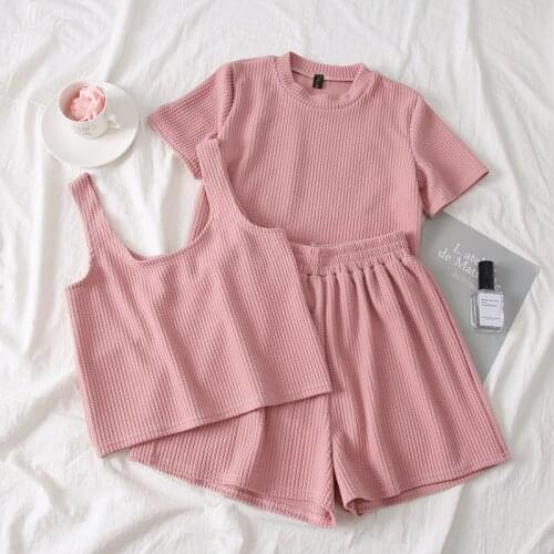 New Women Tracksuits Summer Two Piece Sets 2020 Fashion Woman Crop Tops T Shirt + Tank Top + Shorts Outfit Pink Korean Sportsuit