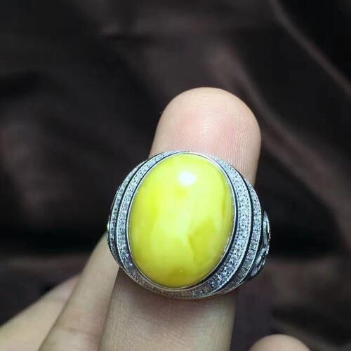 Natural and Real Amber Beeswax Man Ring 925 sterling silver Wholesales Fine jewelry Natural Amber Man Ring 12*16mm