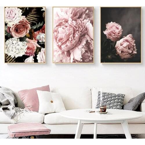 Warm Nordic Spray Color Flower Landscape Pink Roses Peony Canvas Painting Wall Frameless Picture Poster Living Room Decoration