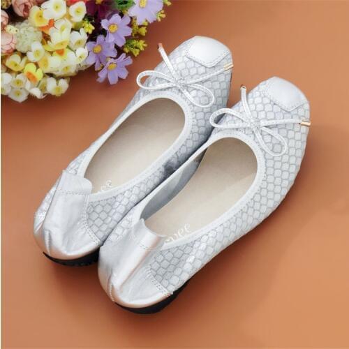 Genuine Leather Flat Shoes Women Autumn Slip On Shoes For Women Loafers Big Size 43 Bow Moccasin Women Zapatos Mujer Ballet Flat