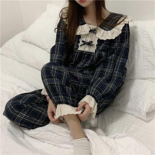 Alien Kitty SALE Chic Plaid Sleepwear Patchwork Lace Geometric Long Sleeves Home Clothes Loose Casual Chic Women Sweet Pajamas