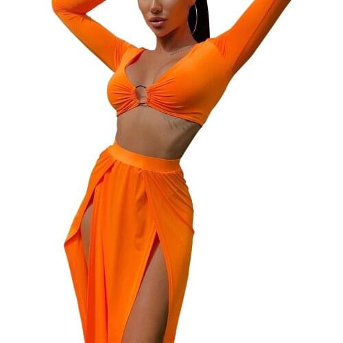 Women Sexy Two-piece Clothes Set, Solid Color Deep V-neck Long Sleeve Crop Tops and Slit Skit