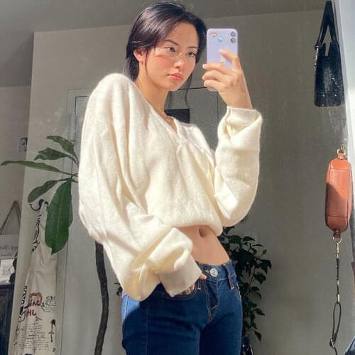 B-TOTO White American Retro V-neck Sweater Top Womens Pullover Loose Lazy Sweater 2021 New Fashion