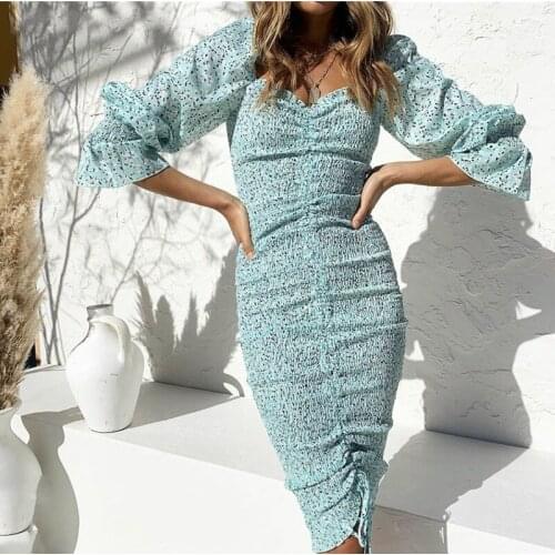 2020 New Elegant Women Lacing up Elastic Ruched Mid Long Party Dresses Slim fit Vestido Package Hips Dot Print Long sleeve Dress