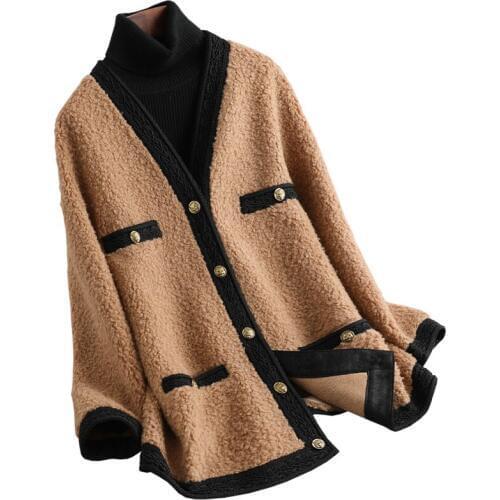 Genuine Wool Blend Fur Coat V-Neck Autumn Winter Women Fur Outerwear Overcoat LF2111