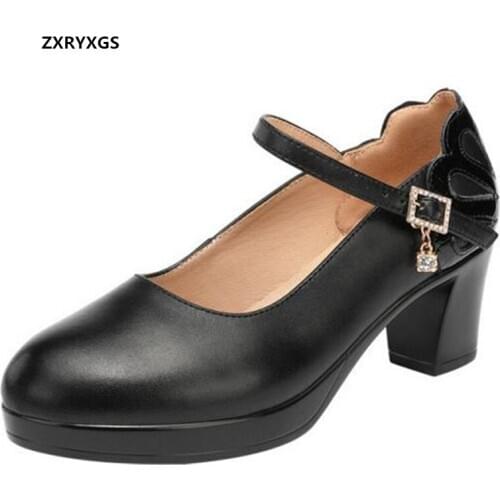 ZXRYXGS Genuine Leather Thick Heels Cheongsam Catwalk Women Pumps Shoes 2021 New Spring Elegance Women Shoes Shoes Size 32-43