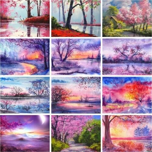 Huacan Full Square/round Diamond Painting Tree Flower Diamond Embroidery Mosaic Pink Scenery Fantasy Home Decor