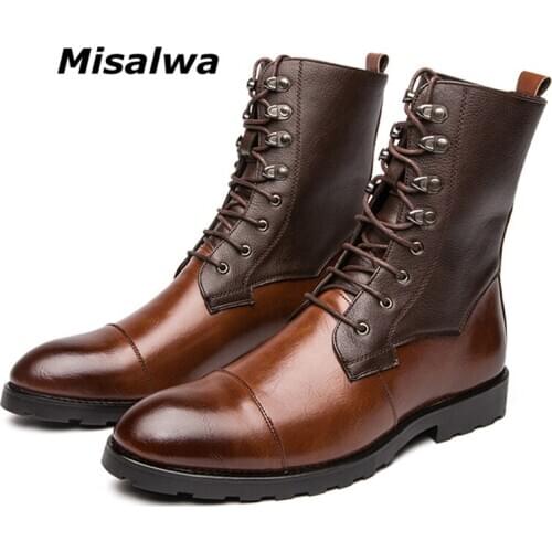 Misalwa British High-top Mens Boots PU Leather Motorcycle Work Men Boots Oversize 47 48 Brown Color Patchwork Vintage Men Shoes