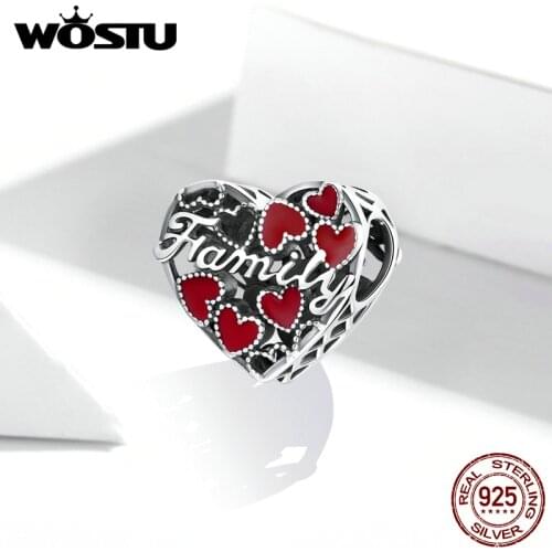 WOSTU New 925 Sterling Silver Charms Love Family Heart Beads Fit DIY Original Women Bracelet Accessories Fine Jewelry DXC1750