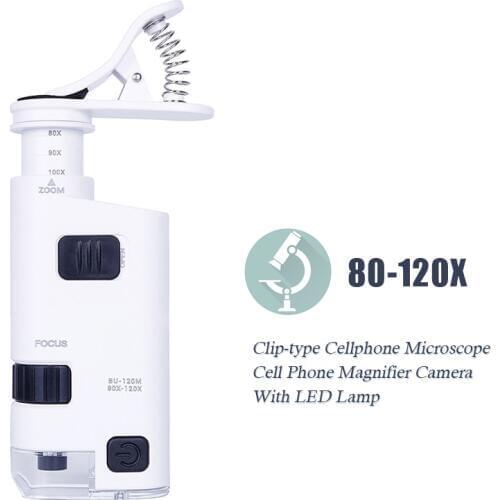 80-120X with LED Lamp Magnifiers Digital Clip-type Cellphone Microscope Universal Cell Phone Loupe Clip Zoom Adjustable