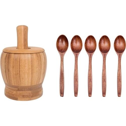 HOT-Pestle Grinding Bowl Set with Wooden Spoon Household Tableware Porridge Bowl Chinese Bamboo Rice Spoon