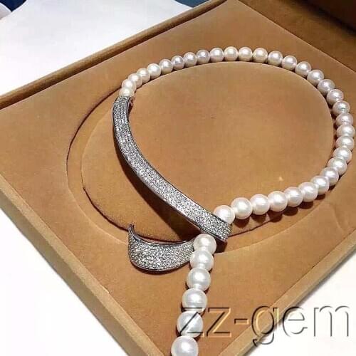 Hot sale new Style >> 10mm sea shell pearls necklace-cz micro pave connector