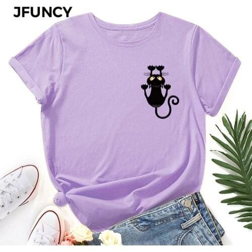 JFUNCY Oversize Womens Tops Lovely Cat Print Harajuku Tshirt Female Shirts Summer Casual Short Sleeve Basic Tee Cotton T-shirt