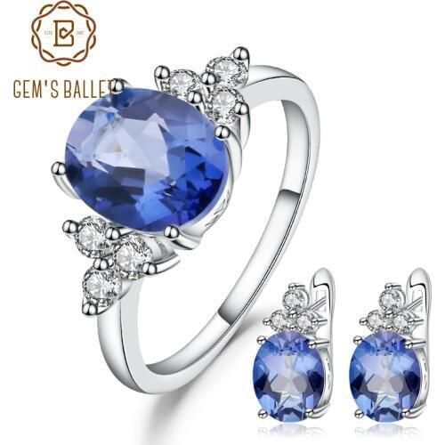 Gems Ballet 7.10Ct Natural Iolite Blue Mystic Quartz Gemstone Jewelry Set 925 Sterling Earrings Ring Set For Women Wedding Fine