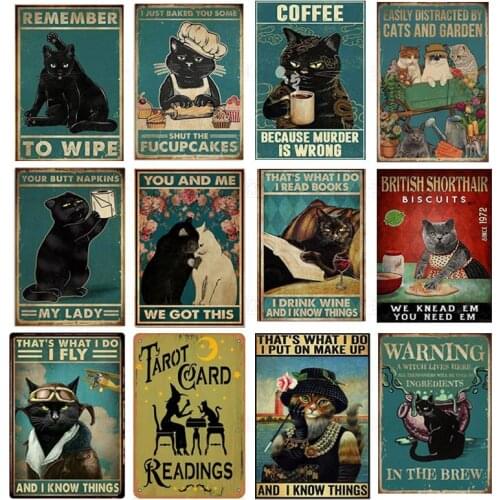 Cartoon Black Cat Coffee Warning Retro Metal Tin Sign Vintage Tin Sign for Bed Kitchen Farmhouse Decor Shabby Rust Wall Signs