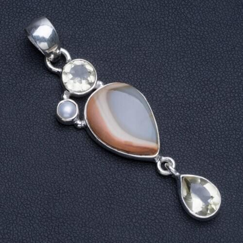 Natural Imperial Jasper,Citrine and River Pearl 925 Sterling Silver Pendant Necklace 2 1/4" R1259