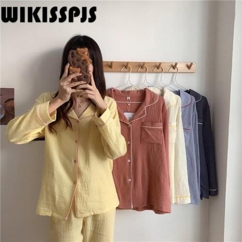 New Long Sleeve Pure Color Gauze Pajamas Womens Autumn Leisure Home Wear Two Piece Set Pajamas for Teen Girls Loungewear