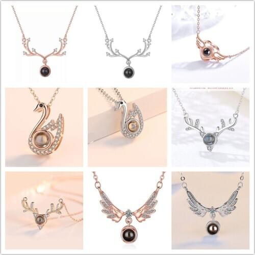 Projection One Hundred Languages I Love You Pendant Necklace for Women Reindeer Horns Crystal Wedding Jewelry Wholesale 2020 New