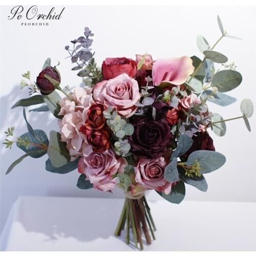 PEORCHID Romantic Pink&Burgundy Rose Wedding Bridal Bouquets artificial Calla Lily Eucalyptus Bouquet For Bridesmaid flowers