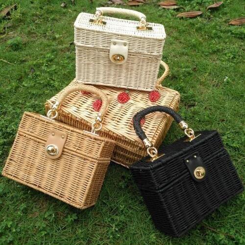 Casual Rattan Box Straw Bags Wicker Woven Women Handbags Handmade Shoulder Crossbody Bags Summer Beach Small Purses Famade Bag